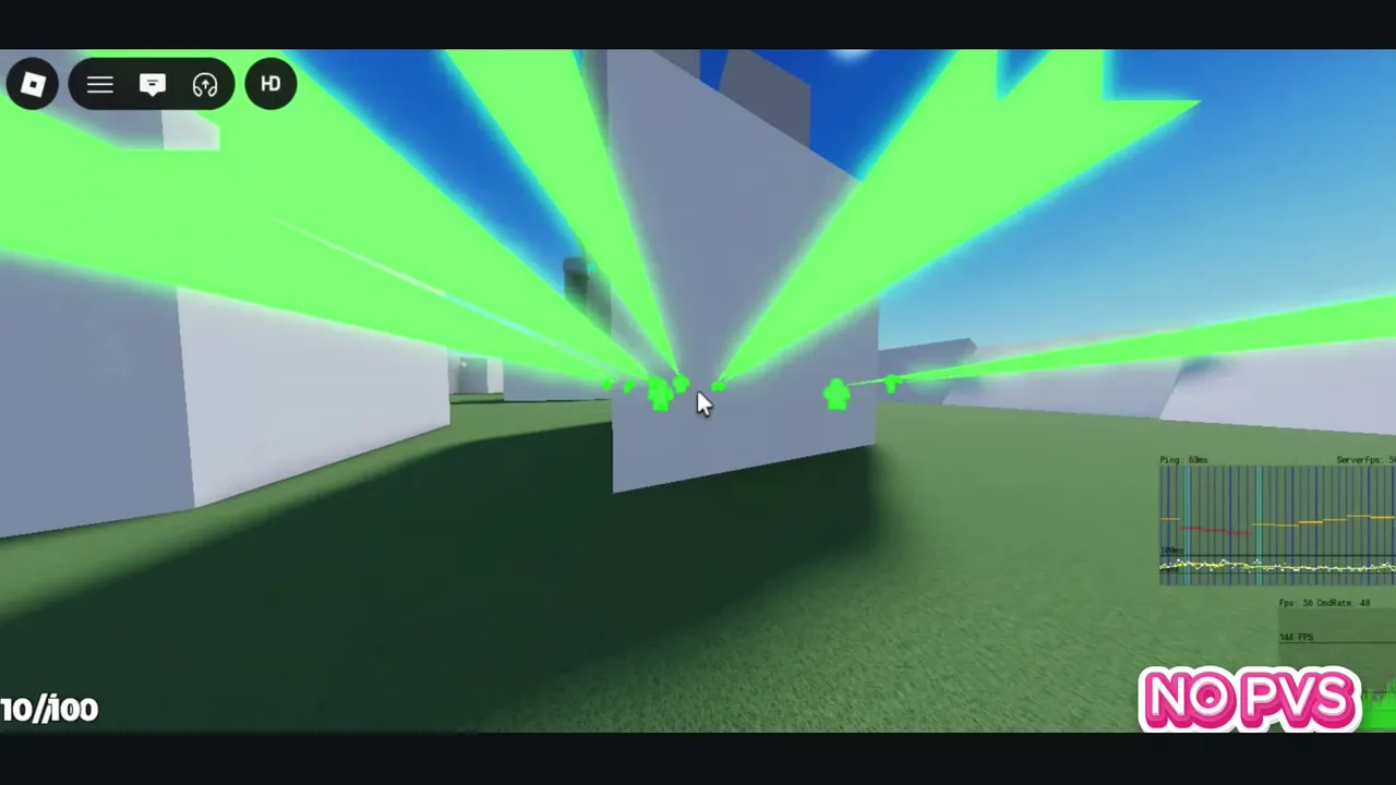 Roblox test map with green line-of-sight rays reaching every player through the geometry