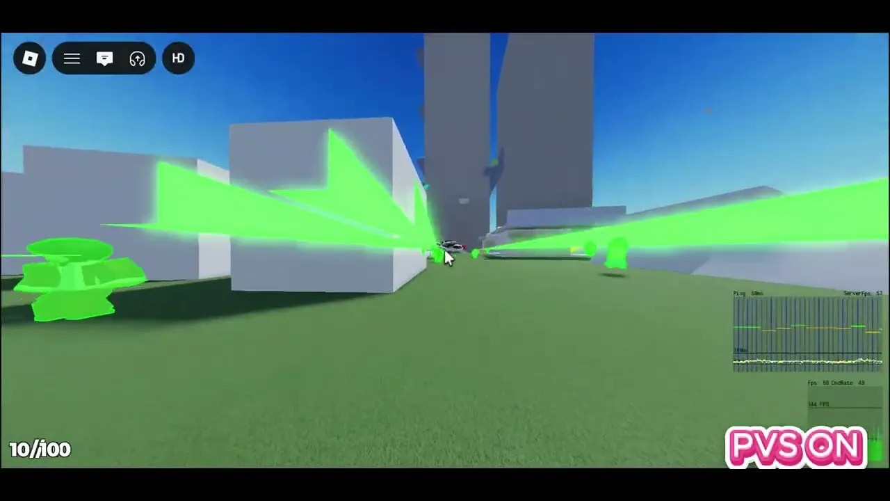 Line-of-sight rays fanning out from a player across a Roblox test map