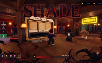 The SHADE lobby: players gathered around a map vote board in a warm wooden interior, the game's title overhead and a neon queue sign to the right