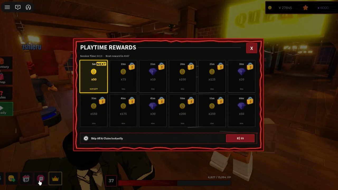 The SHADE playtime rewards panel showing timed coin and gem drops
