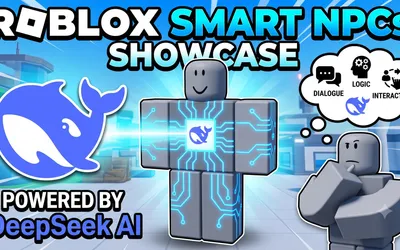 Smart NPCs title card: a Roblox character overlaid with glowing circuit traces, a thought bubble labelled dialogue, logic and interaction, and a DeepSeek credit